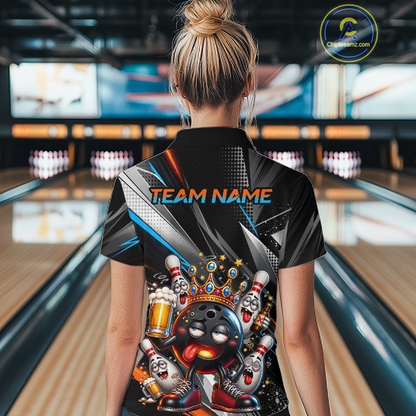 Women wearing personalized bowling quarter zip shirt with a crowned bowling ball character surrounded by pins and angled graphic patterns across a black layout.