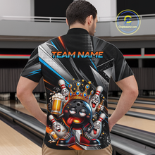 Load image into Gallery viewer, Men wearing personalized bowling quarter zip shirt with a crowned bowling ball character surrounded by pins and angled graphic patterns across a black layout.