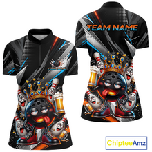 Load image into Gallery viewer, Front and back view personalized bowling quarter zip shirt with a crowned bowling ball character surrounded by pins and angled graphic patterns across a black layout.