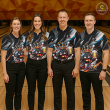 Load image into Gallery viewer, Four people wearing personalized bowling polo shirt with a crowned bowling ball character surrounded by pins and angled graphic patterns across a black layout.
