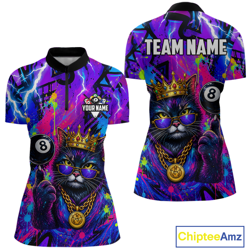 Front and back views of a short-sleeve polo shirt featuring a colorful graffiti-style graphic of a cat wearing a gold crown and sunglasses, with an 8-ball, lightning bolts, paint splatters, and customizable text areas on the chest and back.