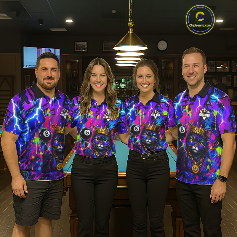Four people standing together in a dimly lit pool hall, wearing matching short-sleeve collared shirts with a vivid purple, blue, pink, and black lightning-and-mask graphic print, black pants, and shorts. A pool table is behind them, and a circular 'Chipwiznic' logo appears in the top right corner.