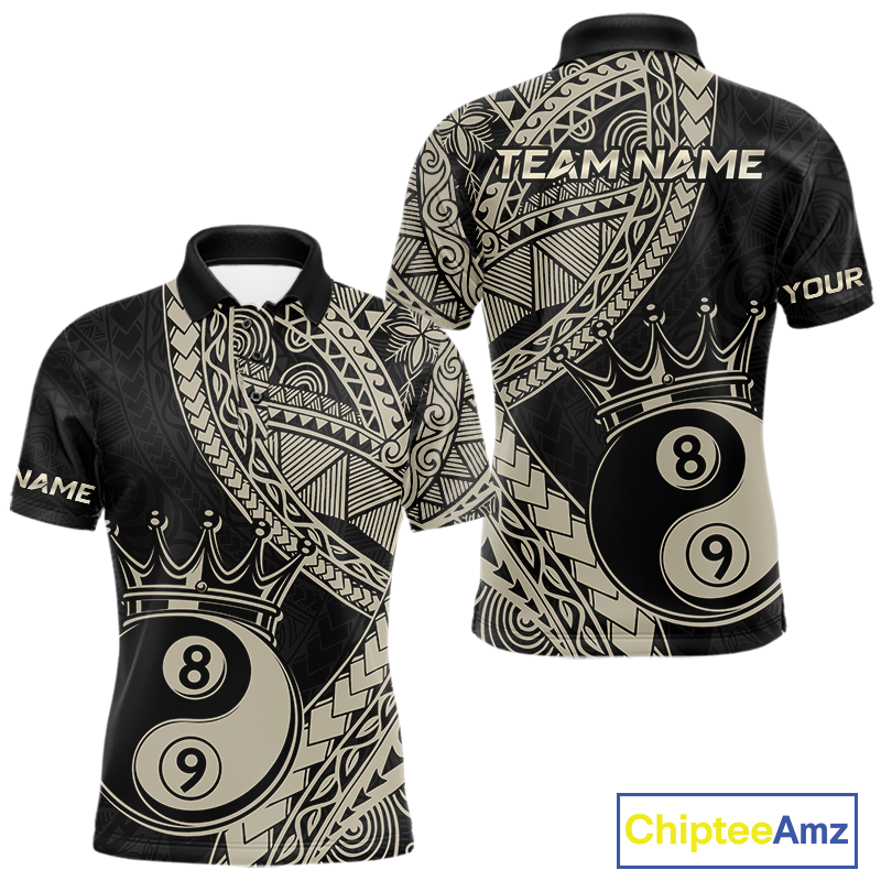 Front and back view personalized billiards polo shirt with crowned eight and nine ball artwork integrated into flowing geometric patterns on a black layout.