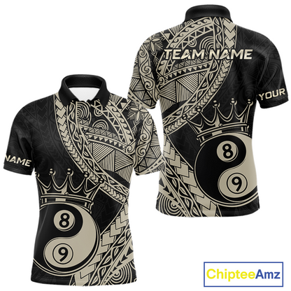 Front and back view personalized billiards polo shirt with crowned eight and nine ball artwork integrated into flowing geometric patterns on a black layout.