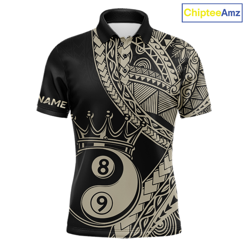 Front view personalized billiards polo shirt with crowned eight and nine ball artwork integrated into flowing geometric patterns on a black layout.