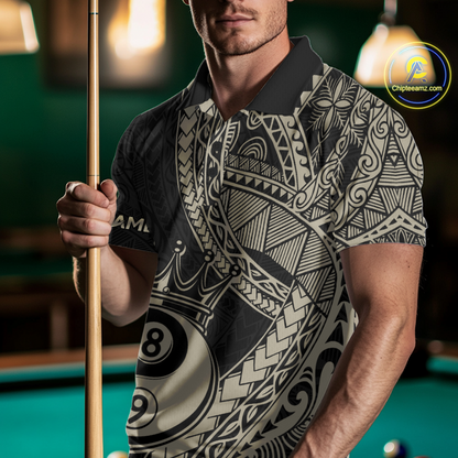 Men wearing personalized billiards polo shirt with crowned eight and nine ball artwork integrated into flowing geometric patterns on a black layout.