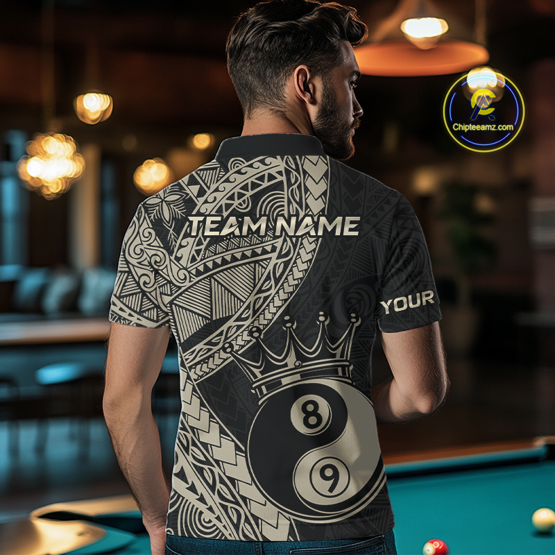 Men wearing personalized billiards polo shirt with crowned eight and nine ball artwork integrated into flowing geometric patterns on a black layout.