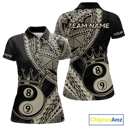 Front and back view personalized billiards polo shirt with crowned eight and nine ball artwork integrated into flowing geometric patterns on a black layout.