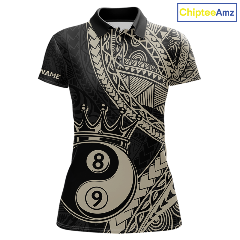 Front view personalized billiards polo shirt with crowned eight and nine ball artwork integrated into flowing geometric patterns on a black layout.