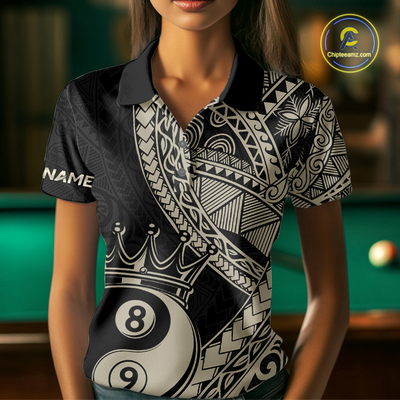 Women wearing personalized billiards polo shirt with crowned eight and nine ball artwork integrated into flowing geometric patterns on a black layout.
