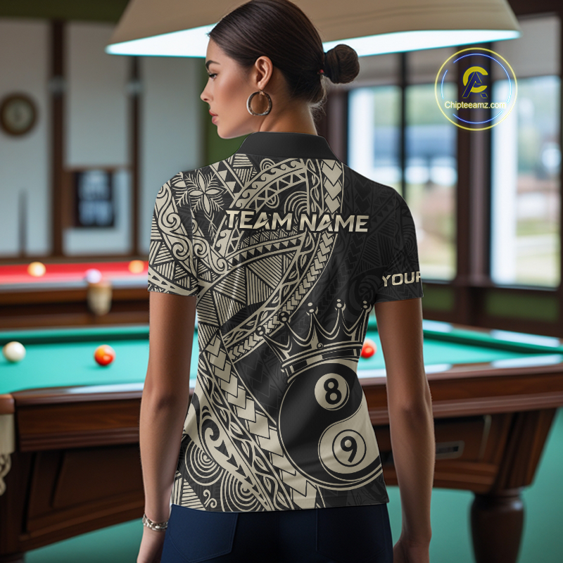 Women wearing personalized billiards polo shirt with crowned eight and nine ball artwork integrated into flowing geometric patterns on a black layout.