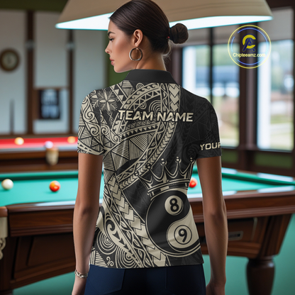 Women wearing personalized billiards polo shirt with crowned eight and nine ball artwork integrated into flowing geometric patterns on a black layout.