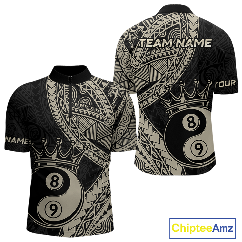 Front and back view personalized billiards quarter zip shirt with crowned eight and nine ball artwork integrated into flowing geometric patterns on a black layout.