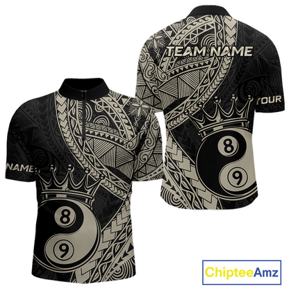 Front and back view personalized billiards quarter zip shirt with crowned eight and nine ball artwork integrated into flowing geometric patterns on a black layout.