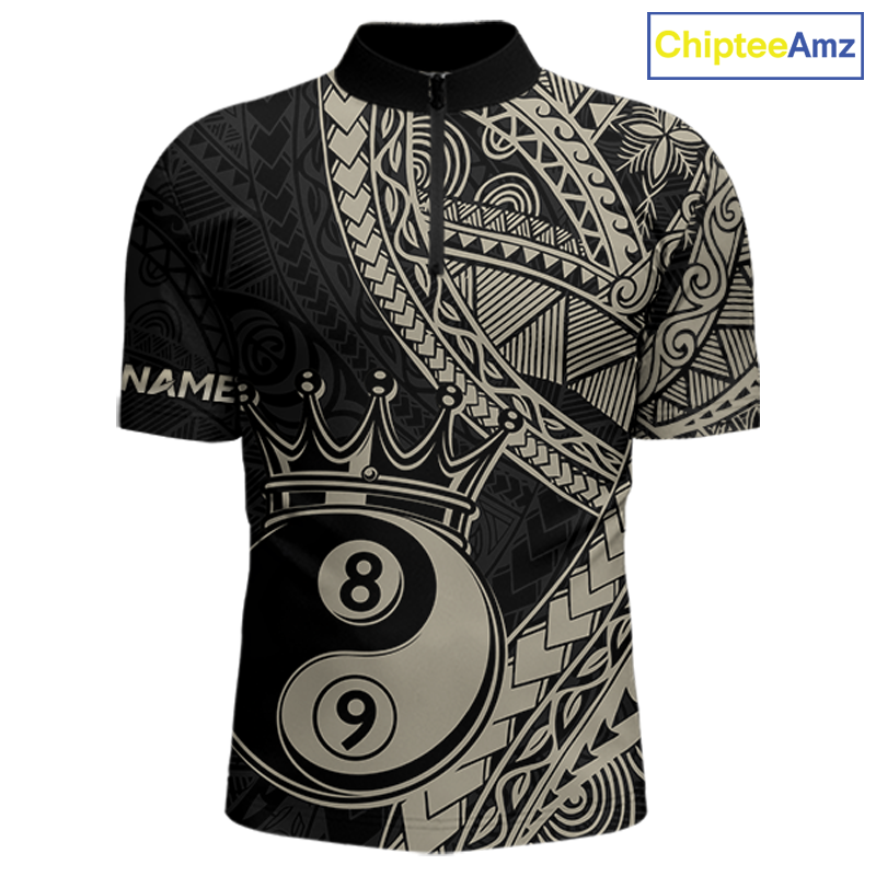 Front view personalized billiards quarter zip shirt with crowned eight and nine ball artwork integrated into flowing geometric patterns on a black layout.