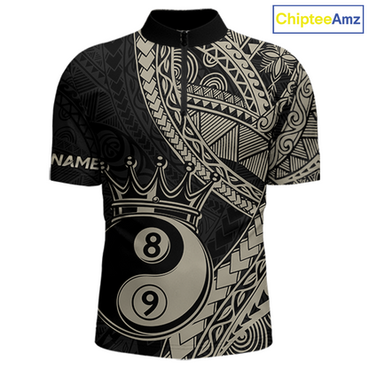 Front view personalized billiards quarter zip shirt with crowned eight and nine ball artwork integrated into flowing geometric patterns on a black layout.