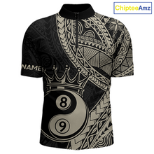Load image into Gallery viewer, Front view personalized billiards quarter zip shirt with crowned eight and nine ball artwork integrated into flowing geometric patterns on a black layout.