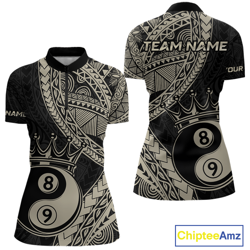 Front and back view personalized billiards quarter zip shirt with crowned eight and nine ball artwork integrated into flowing geometric patterns on a black layout.