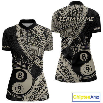 Front and back view personalized billiards quarter zip shirt with crowned eight and nine ball artwork integrated into flowing geometric patterns on a black layout.