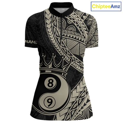 Front view personalized billiards quarter zip shirt with crowned eight and nine ball artwork integrated into flowing geometric patterns on a black layout.