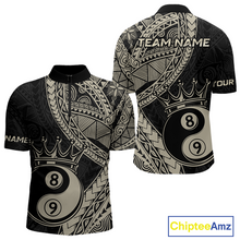 Load image into Gallery viewer, Front and back view personalized billiards quarter zip shirt with crowned eight and nine ball artwork integrated into flowing geometric patterns on a black layout.