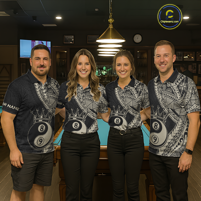 Four people wearing personalized billiards polo shirt with crowned eight and nine ball artwork integrated into flowing geometric patterns on a black layout.