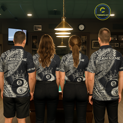 Four people wearing personalized billiards polo shirt with crowned eight and nine ball artwork integrated into flowing geometric patterns on a black layout.