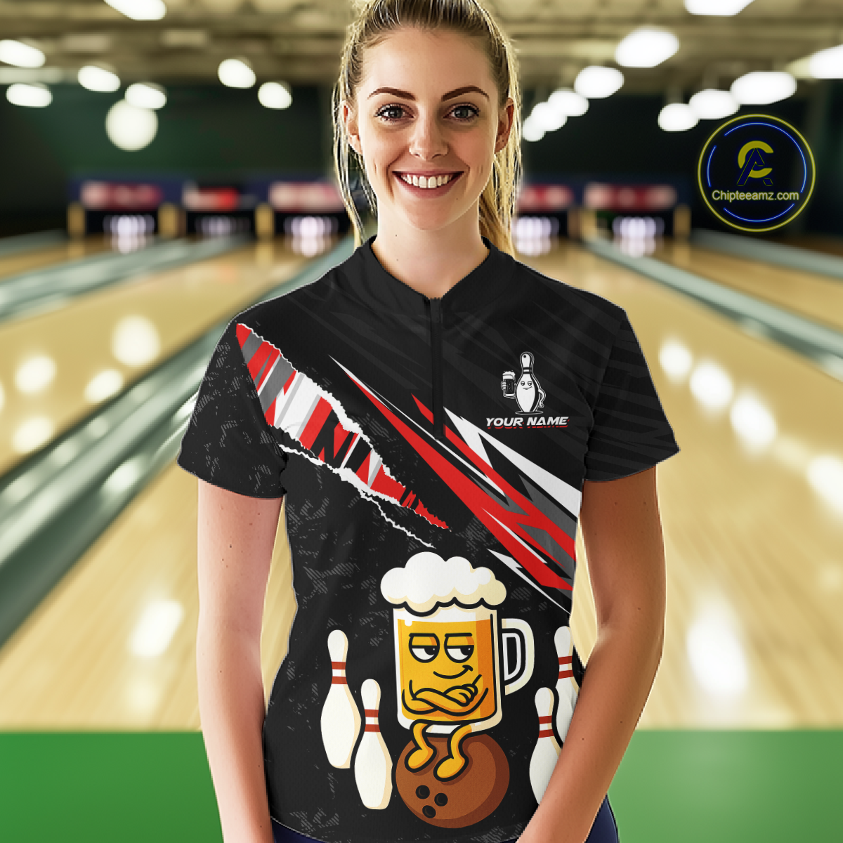 Custom Red Funny Beer Bowling Jersey for Women Bowling Team Shirts Polo & 1/4 Zip HNT170