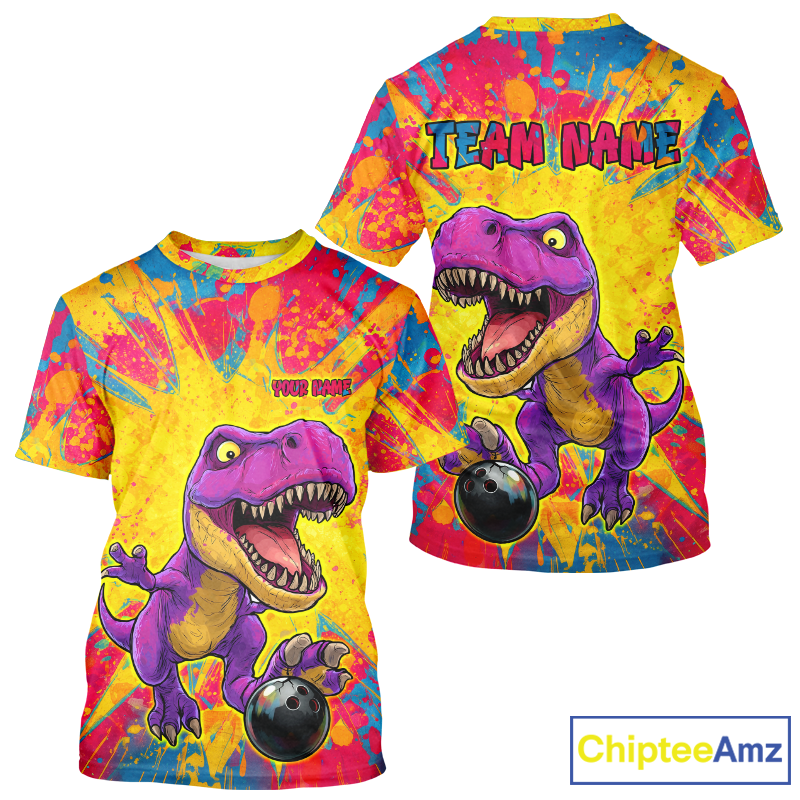 Colorful t-shirt with a dinosaur design and 'Team Name' text on a white background.