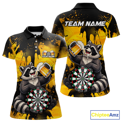 Front and back views of a black and yellow darts polo featuring a raccoon drinking beer, dartboard graphics, and custom team and player name text.