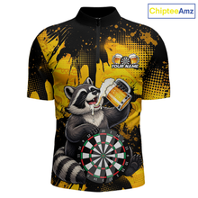 Load image into Gallery viewer, Front views of a black and yellow darts quarter zip featuring a raccoon drinking beer, dartboard graphics, and custom team and player name text.