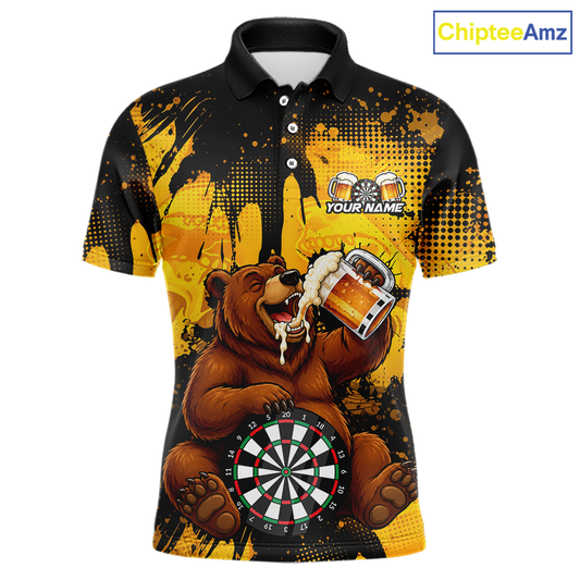 Polo shirt with bear holding a beer mug and dartboard design, brand 'ChipteeAmz' visible.