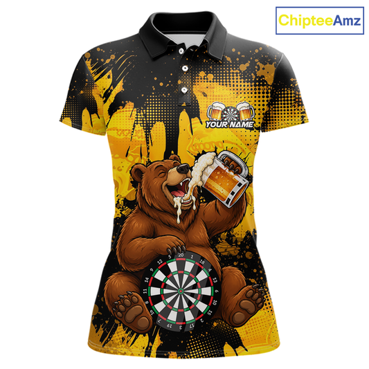 Polo shirt with bear holding a beer mug and dartboard design on a yellow and black background, brand 'ChipteeAmz' visible.
