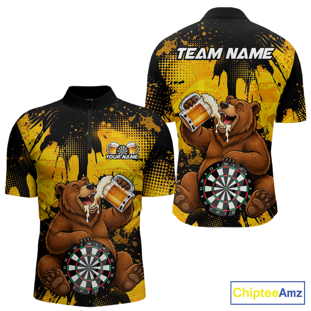 Front and back views of a black and yellow darts quarter zip featuring a bear drinking beer, dartboard graphics, and custom team and player name text.