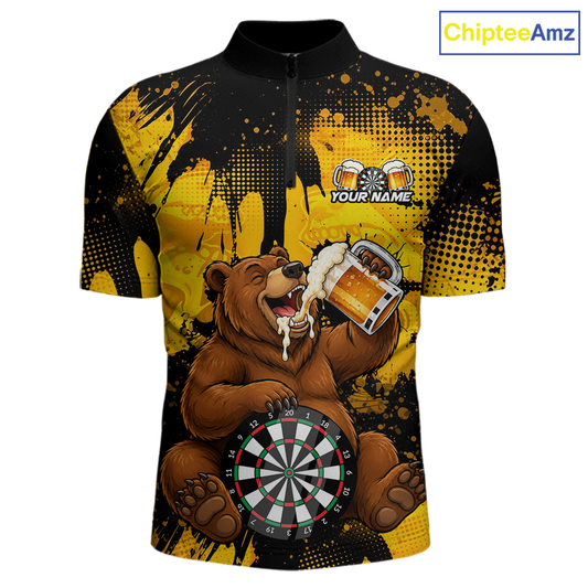 Shirt with bear holding a beer mug and dartboard design, brand 'ChipteeAmz' visible.