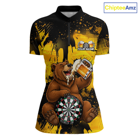 Polo shirt with bear holding a beer and dartboard design, brand 'ChipteeAmz' visible.