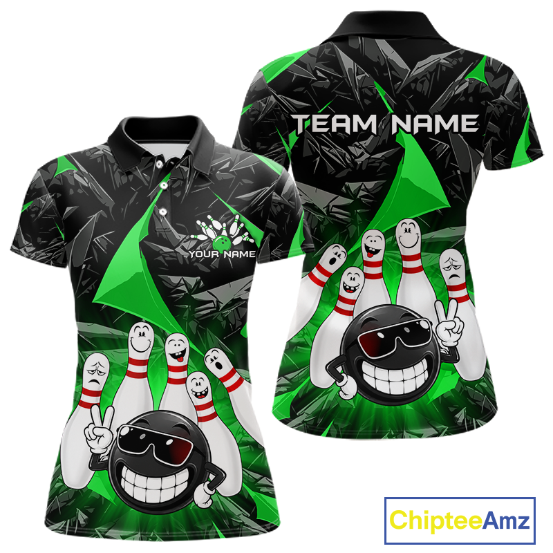 Customizable short-sleeve polo shirts with a bowling theme, shown in front and back views. The design features a black and green leaf pattern background with cartoon bowling pins, a smiling bowling ball wearing sunglasses, and customizable text placeholders 'TEAM NAME' and 'YOUR NAME'.