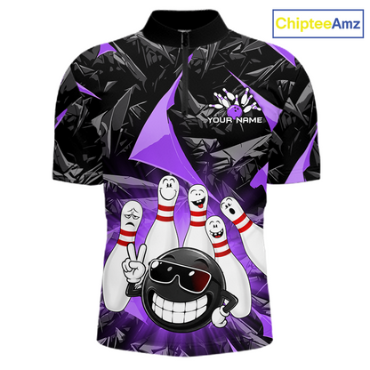A short-sleeve bowling-themed t-shirt with a black and purple abstract background, featuring cartoon bowling pins, a bowling ball with sunglasses, and the text 'YOUR NAME' on the chest. The ChipteeAmz logo is visible in the top right corner.