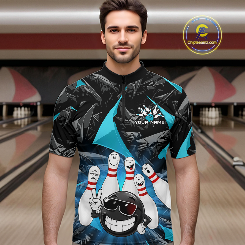 A man wearing a custom bowling-themed short-sleeve polo shirt with a black and teal geometric pattern and a graphic of bowling pins and a bowling ball. The shirt has a placeholder logo on the chest and a 'Chipteamz' watermark in the top right corner.