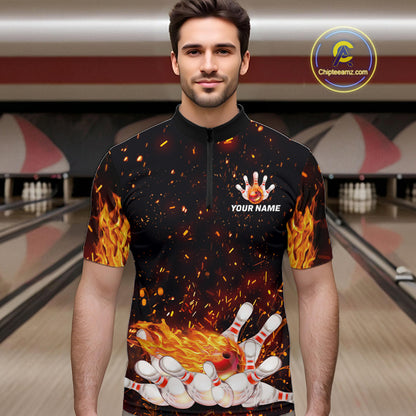 Custom Orange Flame Bowling Jersey for Men Bowling Team Shirts Bowling League Polo & 1/4 Zip HNT498