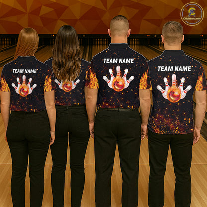 Custom Orange Flame Bowling Jersey for Men Bowling Team Shirts Bowling League Polo & 1/4 Zip HNT498