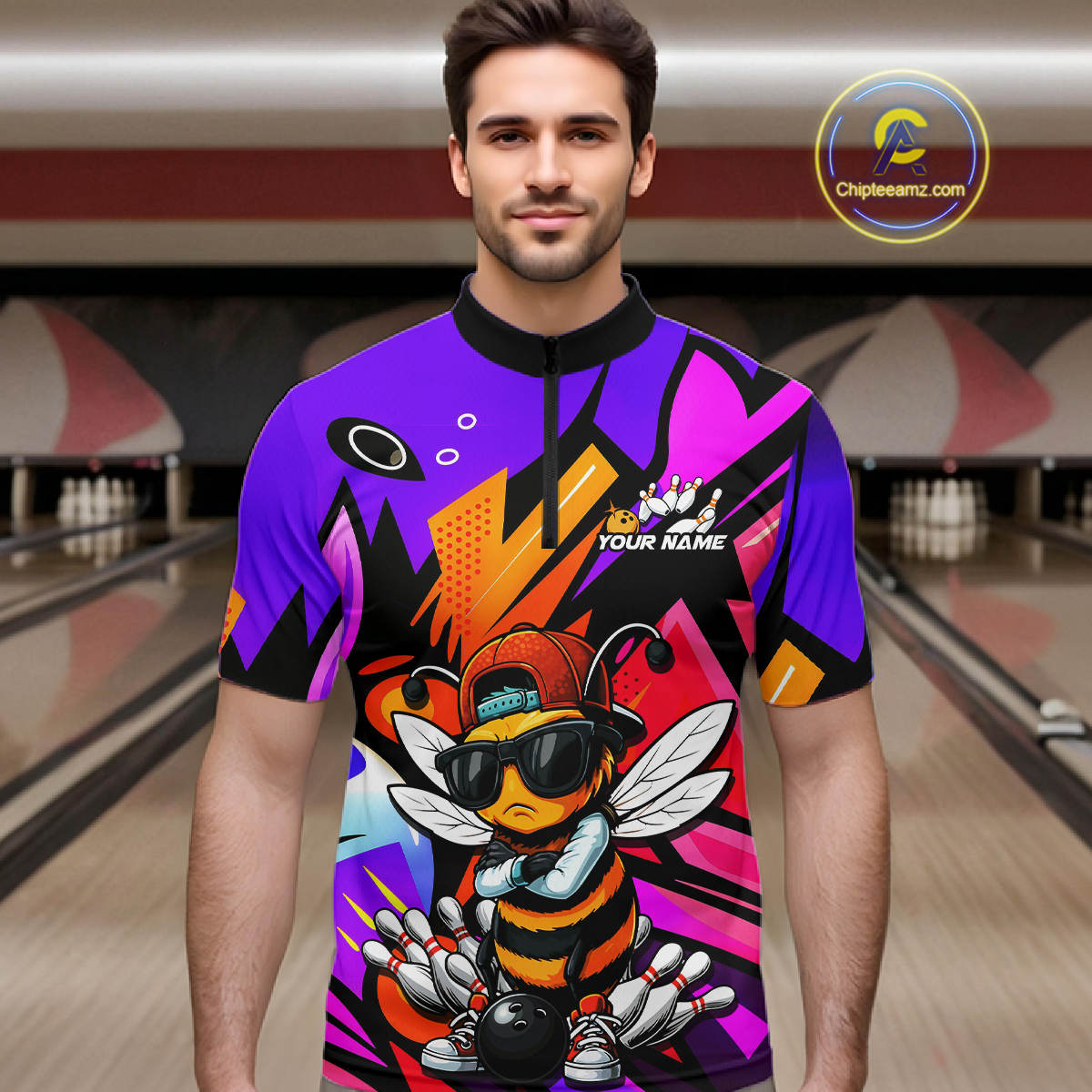 Custom Funny Bee Graffiti Pattern Bowling Jersey for Men Bowling Team Shirts Polo & 1/4 Zip HNT174
