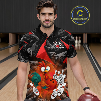 Custom Red Funny Chicken Bowling Jersey for Men Bowling Team Shirts  Polo & 1/4 Zip HNT138