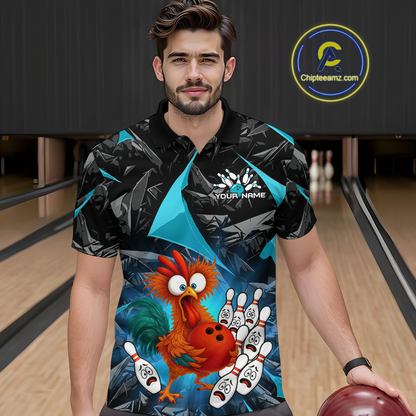 Custom Turquoise Funny Chicken Bowling Jersey for Men Bowling Team Shirts  Polo & 1/4 Zip HNT138