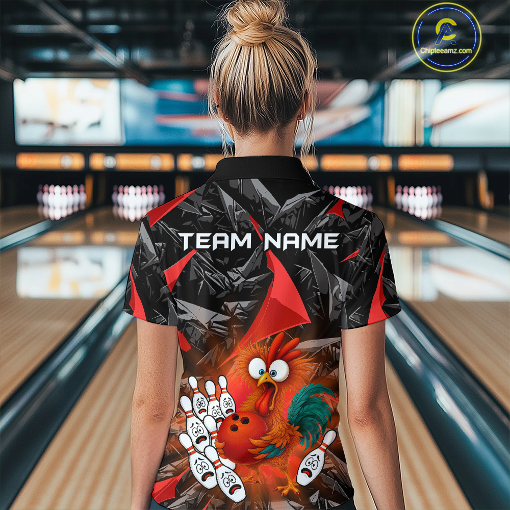Custom Red Funny Chicken Bowling Jersey for Women Bowling Team Shirts Polo & 1/4 Zip HNT138