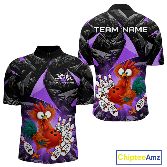 Custom Purple Funny Chicken Bowling Jersey for Men Bowling Team Shirts  Polo & 1/4 Zip HNT138