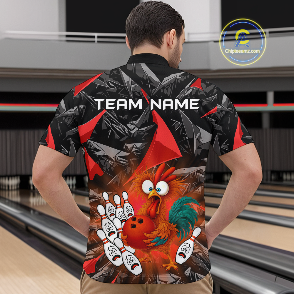 Custom Red Funny Chicken Bowling Jersey for Men Bowling Team Shirts  Polo & 1/4 Zip HNT138