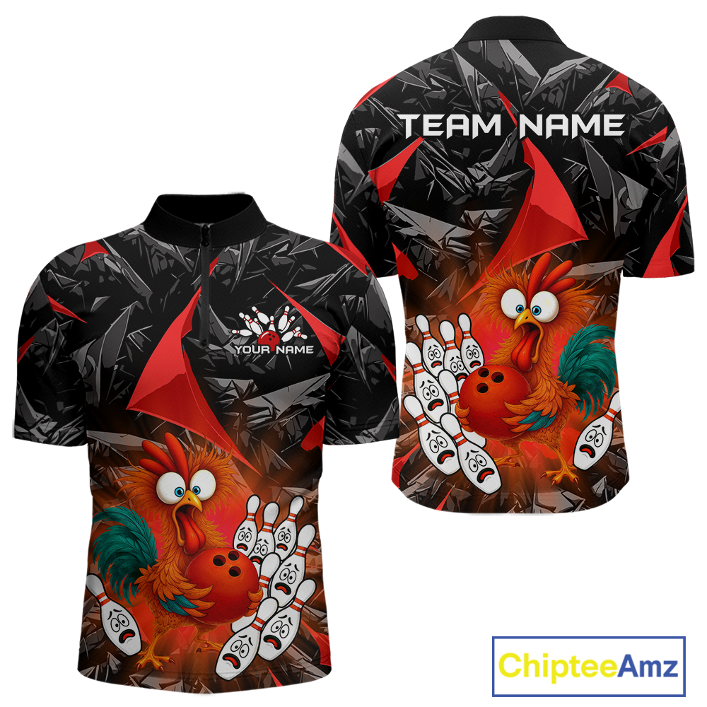 Custom Red Funny Chicken Bowling Jersey for Men Bowling Team Shirts  Polo & 1/4 Zip HNT138