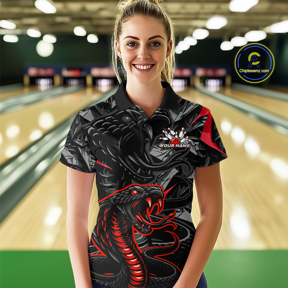 Custom Red Cobra Snake Bowling Jersey for Women Bowling Team Shirts Polo & 1/4 Zip HNT137