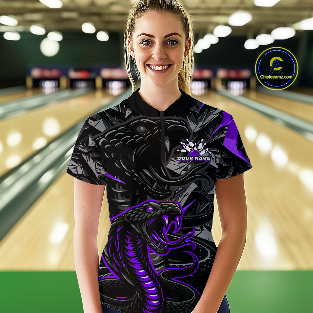 Custom Purple Cobra Snake Bowling Jersey for Women Bowling Team Shirts Polo & 1/4 Zip HNT137